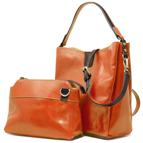Floto Italian Leather Shopper  Handbag Tote Bag Sardinia brown and orange